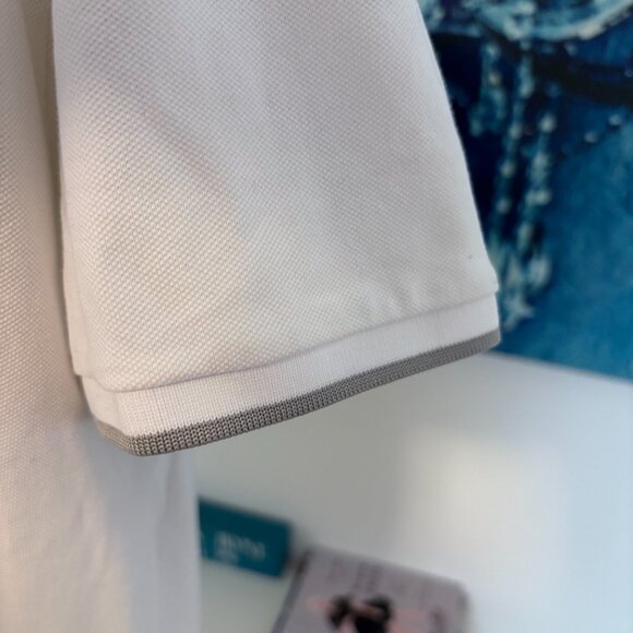 THEORY Mens Tipped Pima Cotton Pique Polo Shirt White Grey Collar Short Slv XL - Picture 6 of 9